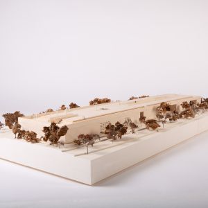 A model photo of a building on a site. Wood.