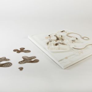 An urban planning model lies next to 4 complex, fragile, laser-cut wooden lattices. Model: Base made of Bristol board, free-form buildings made of acrylic, walls made of grayboard.